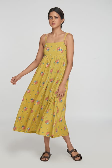 Buy_Sinjhar_Yellow Cotton Round Neck Floral Midi Dress 