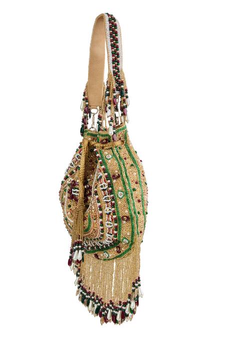 Buy_Tasna_Multi Color Embroidery, Tassels Embellished Potli Handbag _Online_at_Aza_Fashions