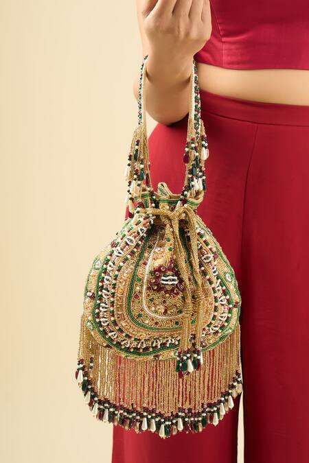 Shop_Tasna_Multi Color Embroidery, Tassels Embellished Potli Handbag _Online_at_Aza_Fashions