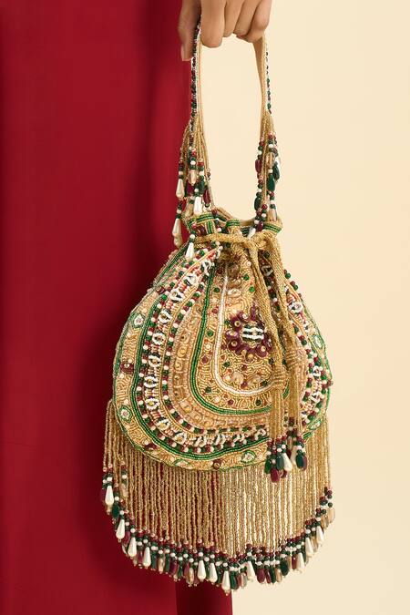 Tasna_Multi Color Embroidery, Tassels Embellished Potli Handbag _at_Aza_Fashions