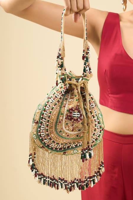 Buy_Tasna_Multi Color Embroidery, Tassels Embellished Potli Handbag 