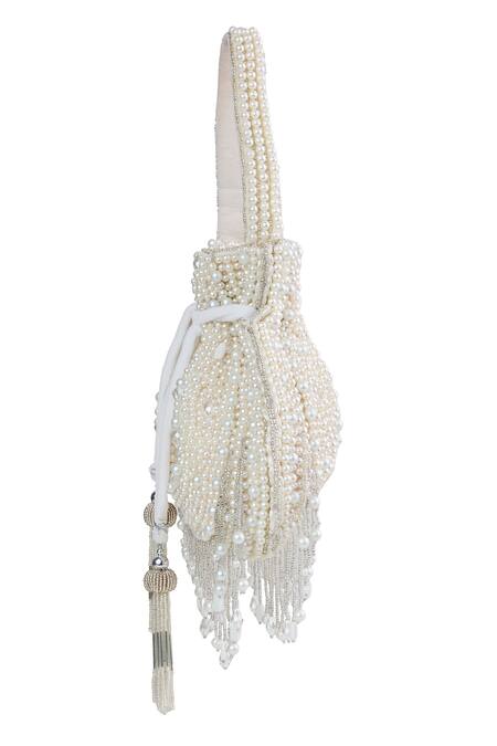 Tasna_White Beads, Tassels Beaded Potli Bag _Online_at_Aza_Fashions