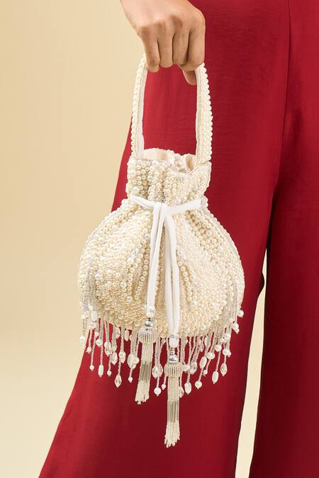 Tasna_White Beads, Tassels Beaded Potli Bag _at_Aza_Fashions