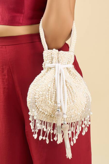 Buy_Tasna_White Beads, Tassels Beaded Potli Bag 