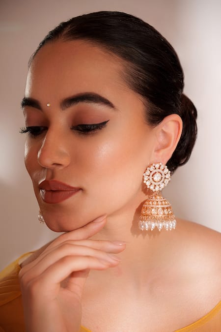 Buy_Zevar By Geeta_Gold Plated Pearls Finish Kundan Polki Jhumka Earrings _Online_at_Aza_Fashions