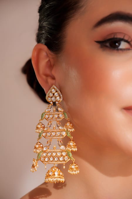 Zevar By Geeta_Gold Plated Stones Designer Kundan Polki Jhumka Earrings _Online_at_Aza_Fashions