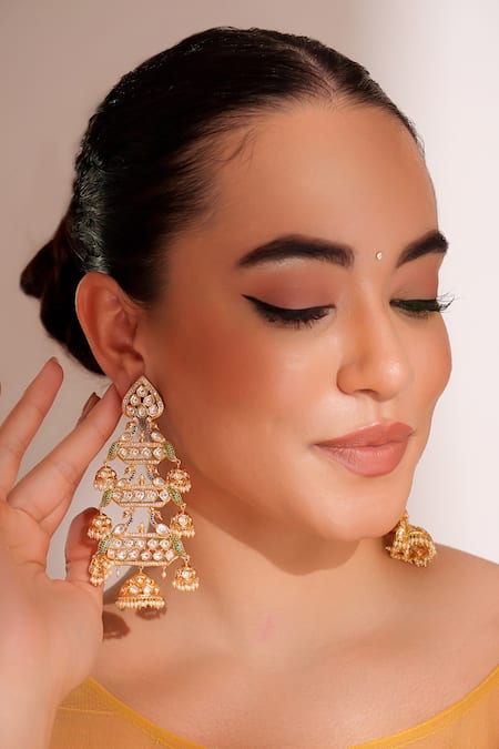 Buy_Zevar By Geeta_Gold Plated Stones Designer Kundan Polki Jhumka Earrings _Online_at_Aza_Fashions