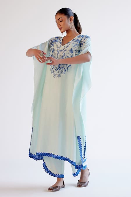 Devnaagri_Blue Tussar Piping V-neck Light Embroidered Kaftan Set _Online_at_Aza_Fashions