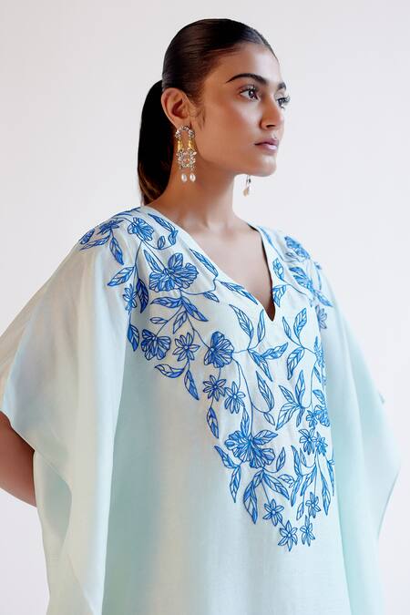 Shop_Devnaagri_Blue Tussar Piping V-neck Light Embroidered Kaftan Set _Online_at_Aza_Fashions