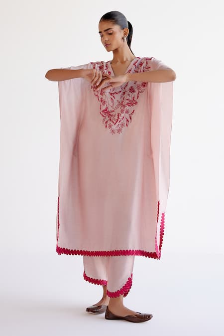Devnaagri_Blush Tussar Pom-poms V-neck Pink Embroidered Kaftan Set _Online_at_Aza_Fashions