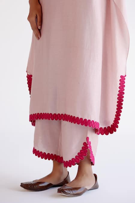 Buy_Devnaagri_Blush Tussar Pom-poms V-neck Pink Embroidered Kaftan Set _Online_at_Aza_Fashions