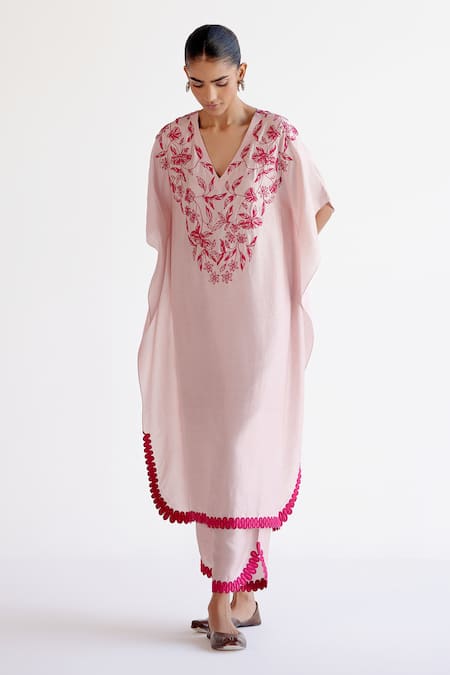 Shop_Devnaagri_Blush Tussar Pom-poms V-neck Pink Embroidered Kaftan Set _Online_at_Aza_Fashions