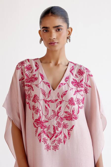 Devnaagri_Blush Tussar Pom-poms V-neck Pink Embroidered Kaftan Set _at_Aza_Fashions
