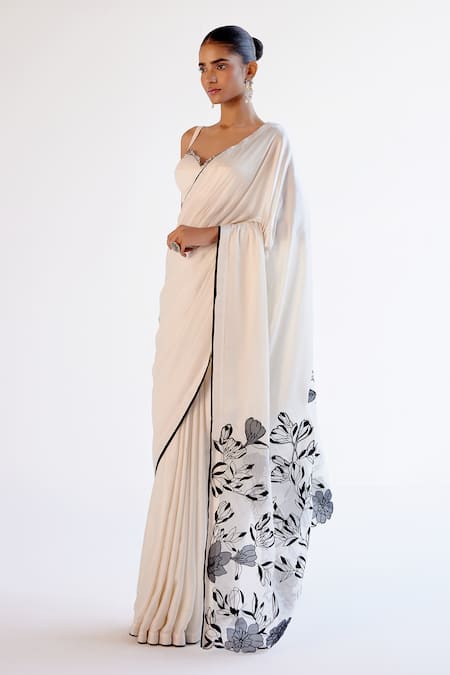 Shop Devnaagri Ivory Modal, Silk Organza, Satin Embroidery Round Neck Floral Saree Set Online at Aza Fashions Shop_Devnaagri_Ivory Modal, Silk Organza, Satin Embroidery Round Neck Floral Saree Set _Online_at_Aza_Fashions