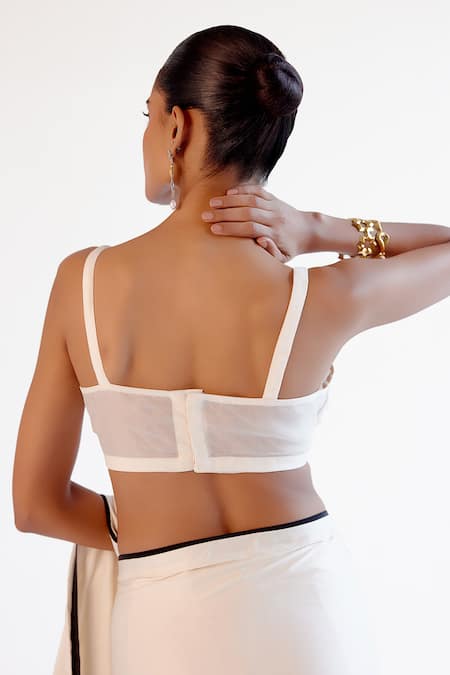 Buy Devnaagri Ivory Modal, Silk Organza, Satin Embroidery Round Neck Floral Saree Set Buy_Devnaagri_Ivory Modal, Silk Organza, Satin Embroidery Round Neck Floral Saree Set