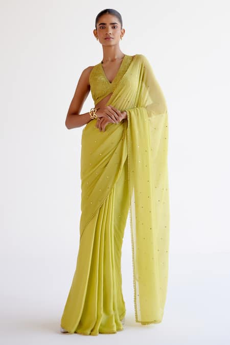 Devnaagri Green Modal, Chiffon, Silk Organza, Satin Sequins, Embroidery Saree And Blouse Set at Aza Fashions Devnaagri_Green Modal, Chiffon, Silk Organza, Satin Sequins, Embroidery Saree And Blouse Set _at_Aza_Fashions