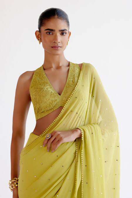 Buy Devnaagri Green Modal, Chiffon, Silk Organza, Satin Sequins, Embroidery Saree And Blouse Set Buy_Devnaagri_Green Modal, Chiffon, Silk Organza, Satin Sequins, Embroidery Saree And Blouse Set