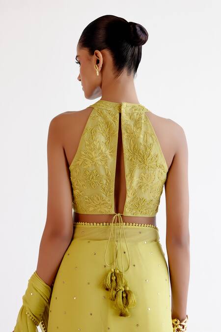 Shop Devnaagri Green Modal, Chiffon, Silk Organza, Satin Sequins, Embroidery Saree And Blouse Set Shop_Devnaagri_Green Modal, Chiffon, Silk Organza, Satin Sequins, Embroidery Saree And Blouse Set