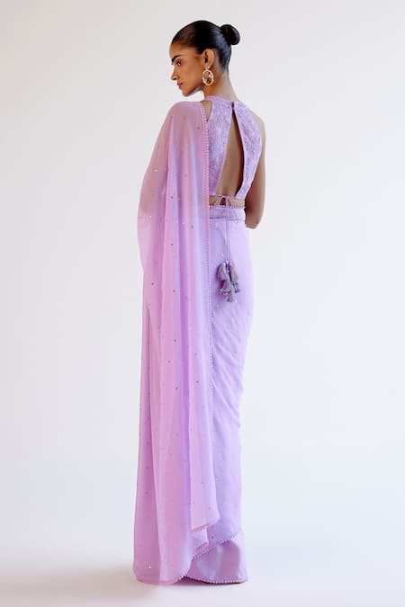 Devnaagri Embroidered Purple Modal Satin Saree Set 