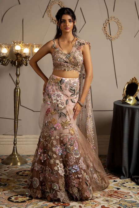 Moledro Taupe Net Sequins, Beads, Embroidery Asymmetric Aurora Fusion Lehenga Set 