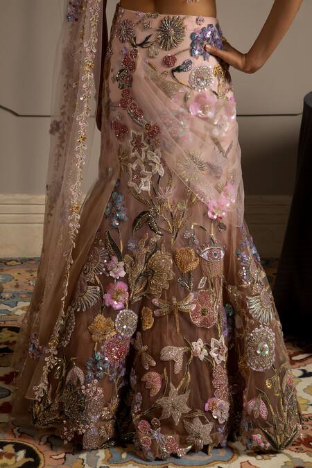 Shop_Moledro_Taupe Net Sequins, Beads, Embroidery Asymmetric Aurora Fusion Lehenga Set _Online_at_Aza_Fashions