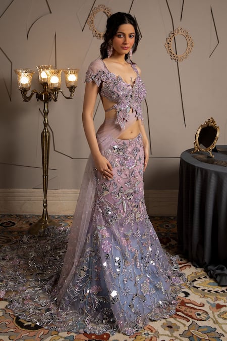 Moledro_Blue Net Sequins, Embroidery Round Neck Skye Fusion Lehenga Set _Online_at_Aza_Fashions