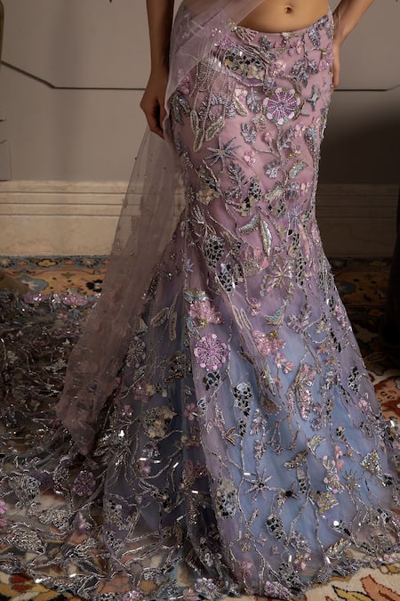 Shop_Moledro_Blue Net Sequins, Embroidery Round Neck Skye Fusion Lehenga Set _Online_at_Aza_Fashions