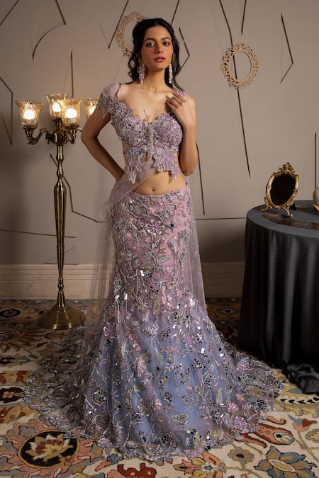 Moledro_Blue Net Sequins, Embroidery Round Neck Skye Fusion Lehenga Set _at_Aza_Fashions