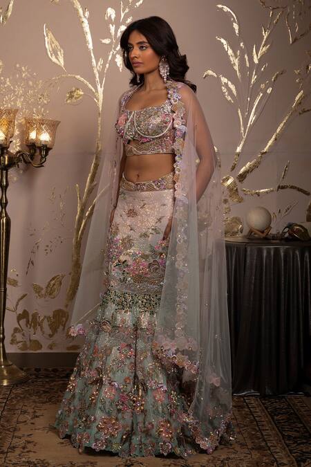 Moledro_Pink Georgette, Organza, Net Sequins, Embroidery Aranya Fusion Lehenga Set _Online_at_Aza_Fashions