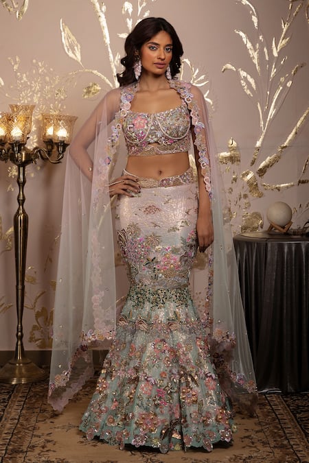 Moledro Pink Georgette, Organza, Net Sequins, Embroidery Aranya Fusion Lehenga Set 