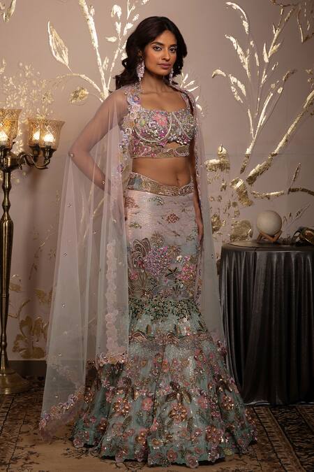 Shop_Moledro_Pink Georgette, Organza, Net Sequins, Embroidery Aranya Fusion Lehenga Set _Online_at_Aza_Fashions