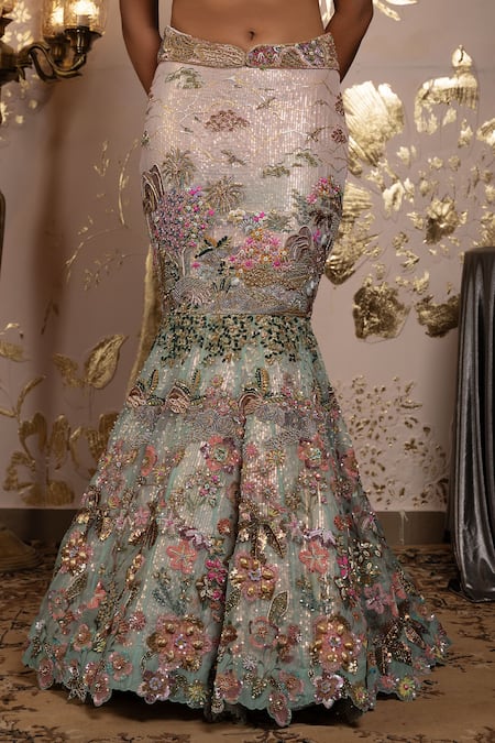 Buy_Moledro_Pink Georgette, Organza, Net Sequins, Embroidery Aranya Fusion Lehenga Set 