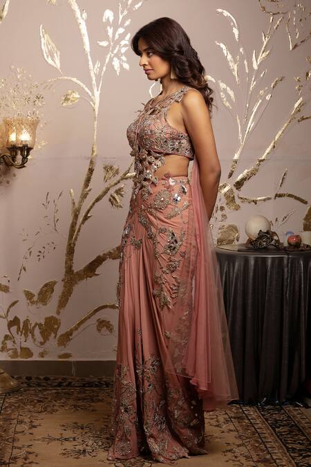 Moledro_Blush Georgette, Net Sequins, Embroidery Asymmetric Pre-draped Saree Set _Online_at_Aza_Fashions
