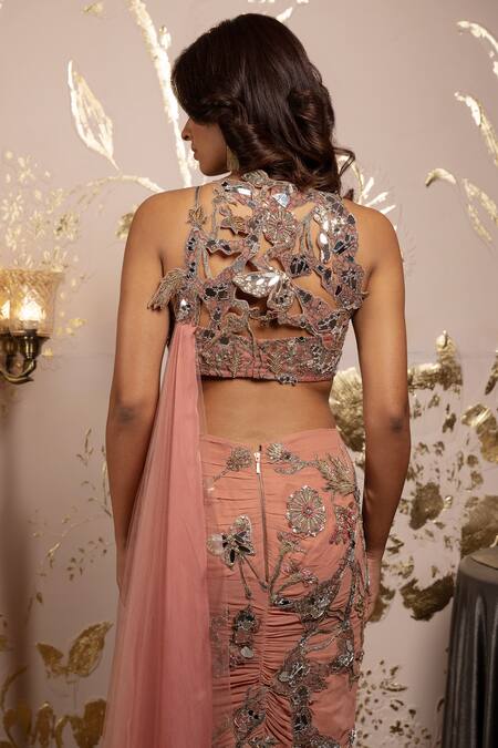 Shop_Moledro_Blush Georgette, Net Sequins, Embroidery Asymmetric Pre-draped Saree Set _Online_at_Aza_Fashions