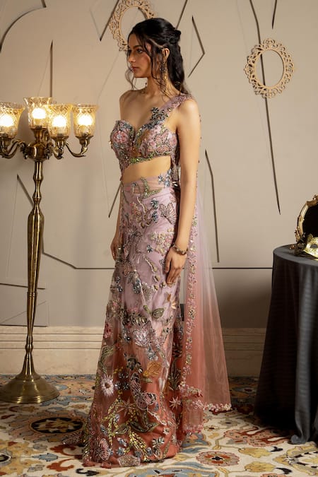 Shop Moledro Taupe Net Sequins, Embroidery Sweetheart Neck Elysia Shimmer Saree Gown Online at Aza Fashions Shop_Moledro_Taupe Net Sequins, Embroidery Sweetheart Neck Elysia Shimmer Saree Gown _Online_at_Aza_Fashions