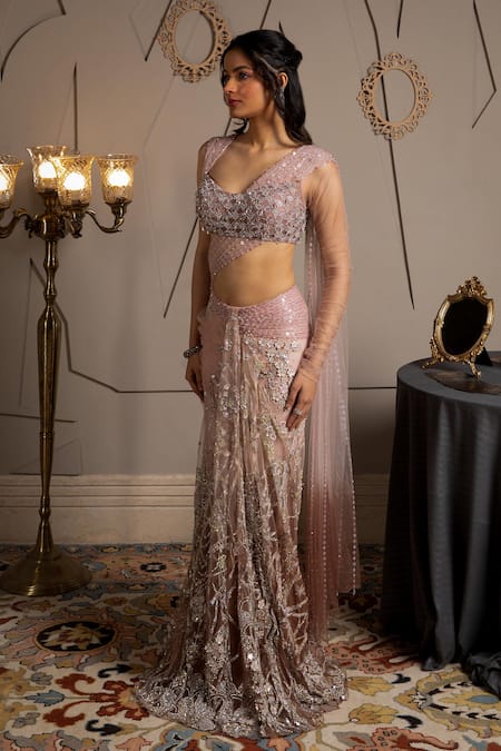 Moledro_Taupe Net Sequins, Embroidery, Beads Sweetheart Neck Lumina Pre-draped Saree Set _Online_at_Aza_Fashions