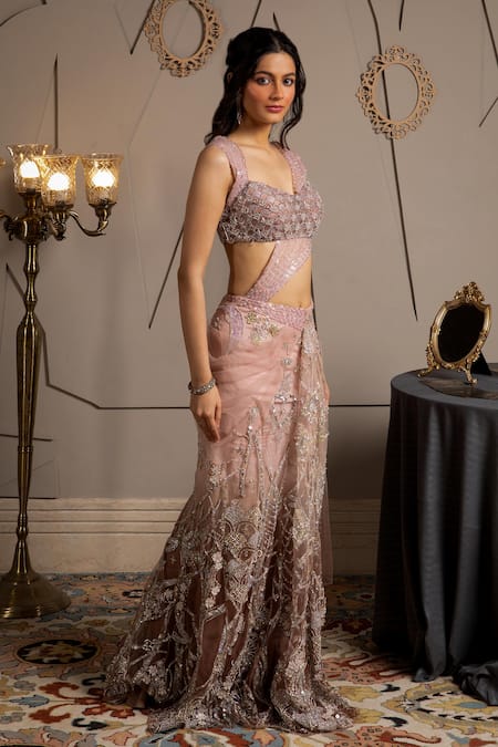 Buy_Moledro_Taupe Net Sequins, Embroidery, Beads Sweetheart Neck Lumina Pre-draped Saree Set _Online_at_Aza_Fashions