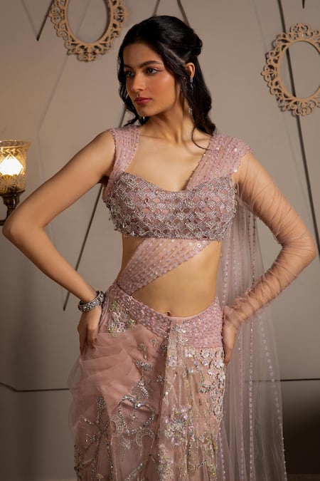 Shop_Moledro_Taupe Net Sequins, Embroidery, Beads Sweetheart Neck Lumina Pre-draped Saree Set _Online_at_Aza_Fashions