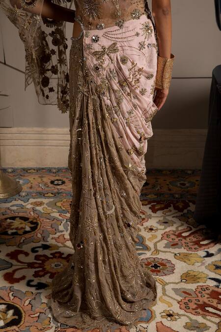 Moledro_Taupe Georgette, Net Sequins, Embroidery V-neck Nysa Designer Saree Gown _Online_at_Aza_Fashions