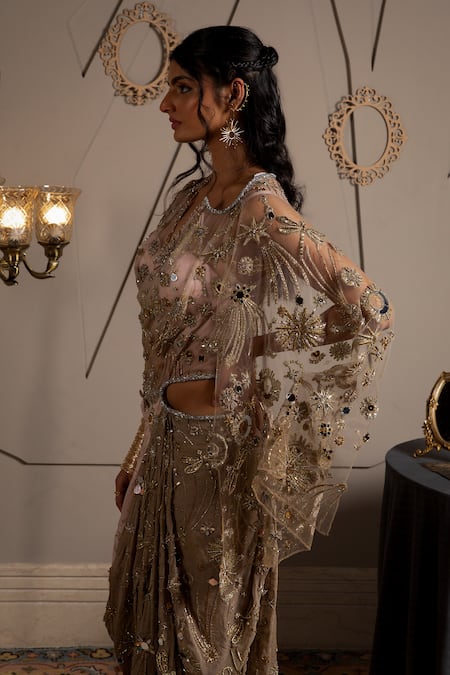 Buy_Moledro_Taupe Georgette, Net Sequins, Embroidery V-neck Nysa Designer Saree Gown _Online_at_Aza_Fashions