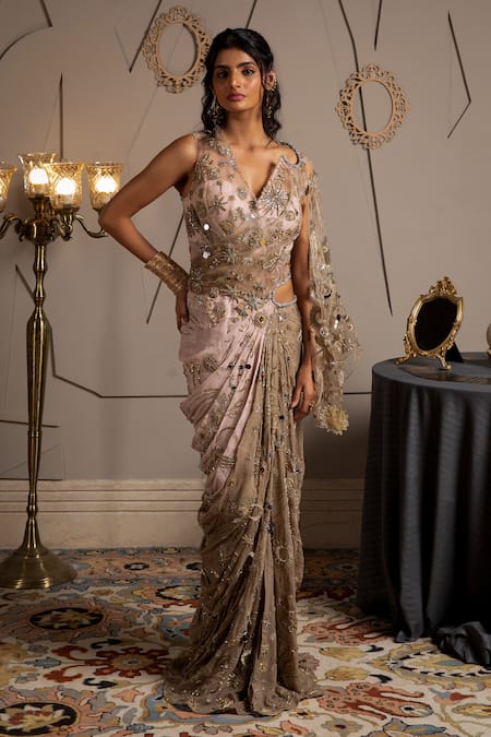 Moledro Taupe Georgette, Net Sequins, Embroidery V-neck Nysa Designer Saree Gown 