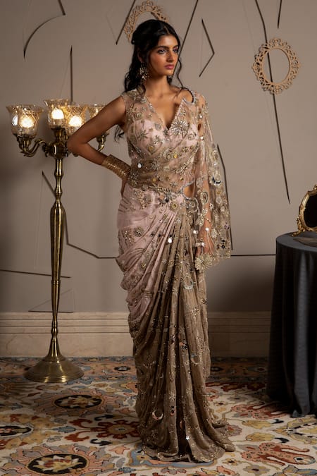 Shop_Moledro_Taupe Georgette, Net Sequins, Embroidery V-neck Nysa Designer Saree Gown _Online_at_Aza_Fashions