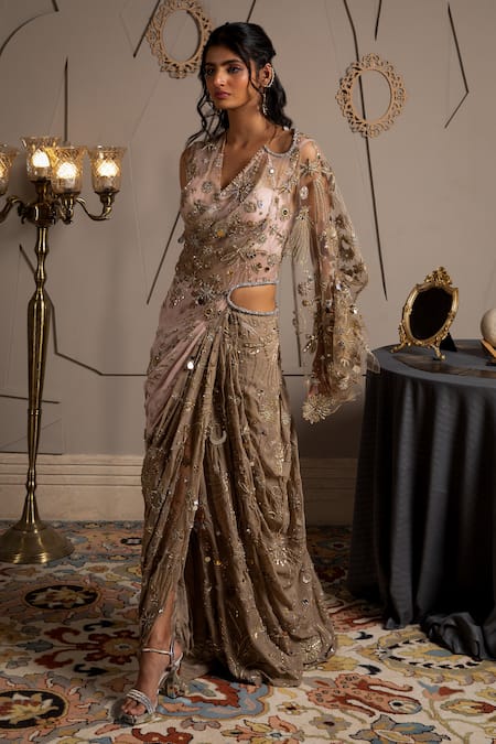 Buy_Moledro_Taupe Georgette, Net Sequins, Embroidery V-neck Nysa Designer Saree Gown 