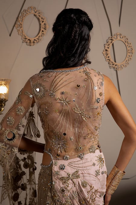 Shop_Moledro_Taupe Georgette, Net Sequins, Embroidery V-neck Nysa Designer Saree Gown 