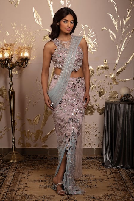 Moledro Blue Georgette, Net, Cotton Beads, Sequins Round Neck Ila Pre-draped Saree Set 
