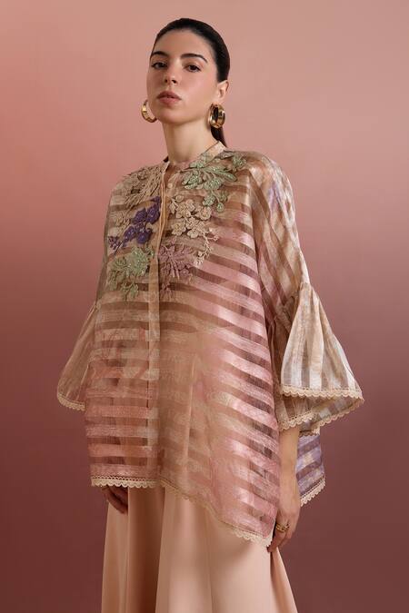 Pankaj & Nidhi_Multi Color Organza Embroidery Collared Top _Online_at_Aza_Fashions