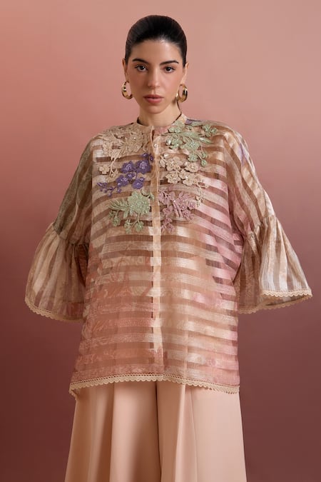 Pankaj & Nidhi Multi Color Organza Embroidery Collared Top 