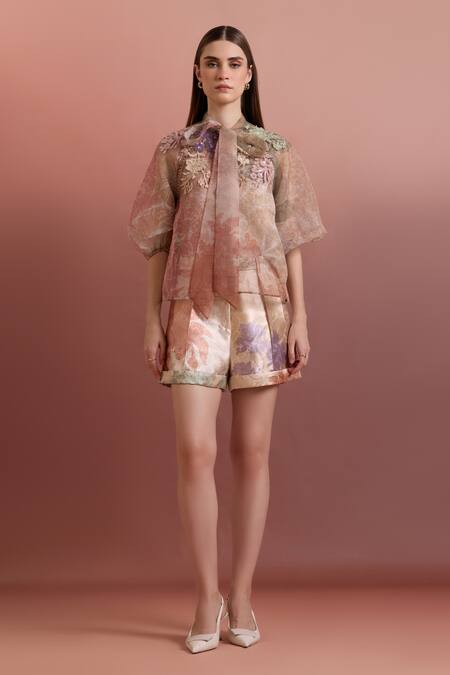 Pankaj & Nidhi_Multi Color Polyester, Organza Embroidery Open Neck Tie-up Blouse _Online_at_Aza_Fashions