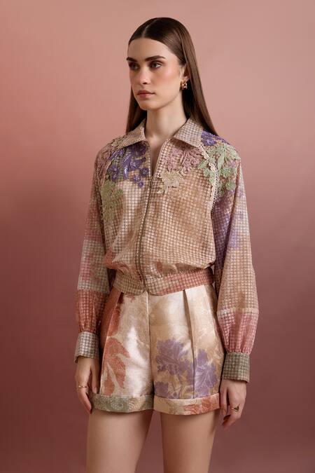 Pankaj & Nidhi Multi Color Organza Embroidery Collared Multicolor Designer Bomber Jacket Online at Aza Fashions Pankaj & Nidhi_Multi Color Organza Embroidery Collared Multicolor Designer Bomber Jacket _Online_at_Aza_Fashions