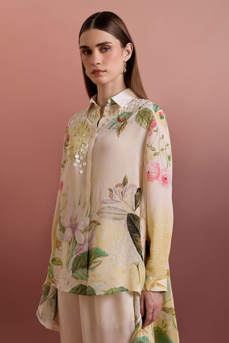 Pankaj & Nidhi Multi Color Silk, Crepe Collared Embellished High-low Shirt And Straight Pants Online at Aza Fashions Pankaj & Nidhi_Multi Color Silk, Crepe Collared Embellished High-low Shirt And Straight Pants _Online_at_Aza_Fashions